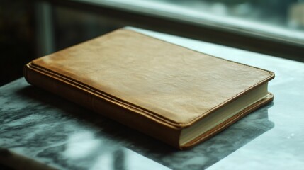 Fototapeta premium A closed brown leather-bound book resting on a marble surface.