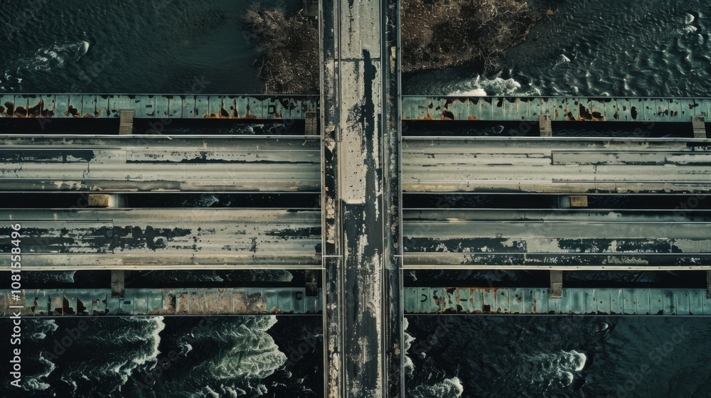 Poster An impactful image of multiple bridges spanning over a river with different textures and colors, Connecting diverse lands and communities, minimalist style