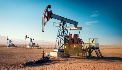 Oil drilling derrick pumps oil from ground. Petroleum industry, crude oil extraction. Production of fuel from natural resources.