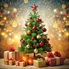 a wooden background with a christmas tree and candles