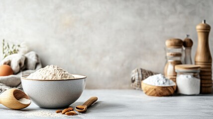 Flour in bowl with baking accessories on kitchen counter