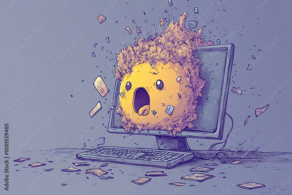 Poster a cartoon computer monitor with a yellow face exploding with a shocked expression, with papers and d