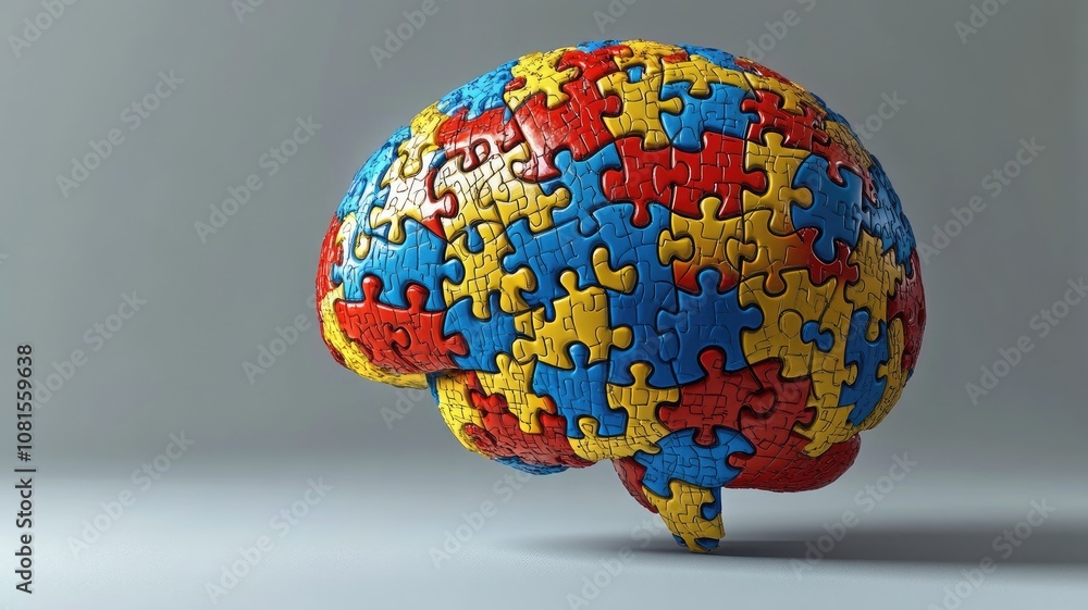 Aufkleber multicolored puzzle pieces form brain model, symbolizing mental health and cognitive complexity