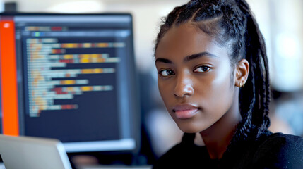 American Woman Engaged in Coding While Working on Her Laptop in a Modern Tech Environment with Code on Screen