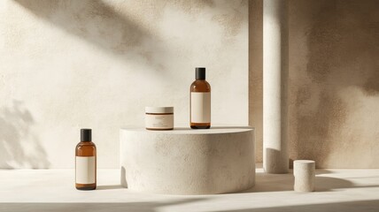 Minimalist skincare product display with bottles and jar on stone pedestal