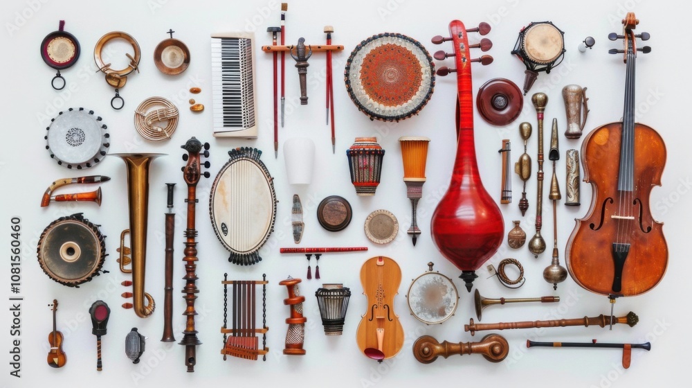 Aufkleber An inspiring image of a diverse array of musical instruments arranged in a visually appealing pattern, Symbolizing the harmony and richness achieved through incorporating different cultural sounds