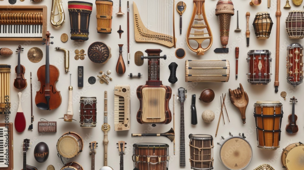 Aufkleber An inspiring image of a diverse array of musical instruments arranged in a visually appealing pattern, Symbolizing the harmony and richness achieved through incorporating different cultural sounds