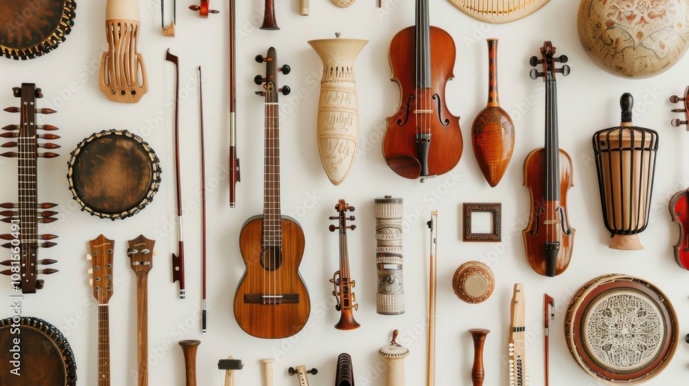 Aufkleber An inspiring image of a diverse array of musical instruments arranged in a visually appealing pattern, Symbolizing the harmony and richness achieved through incorporating different cultural sounds
