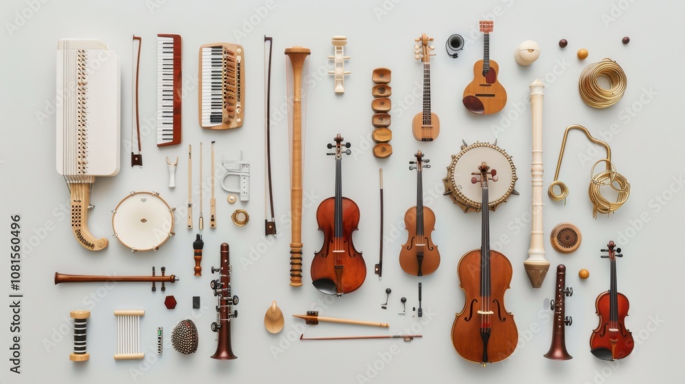 Aufkleber An inspiring image of a diverse array of musical instruments arranged in a visually appealing pattern, Symbolizing the harmony and richness achieved through incorporating different cultural sounds