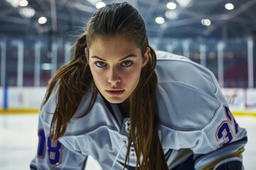 A girl in an ice hockey uniform is seen in close-up, her intense focus standing out against the softly blurred ice rink behind her.