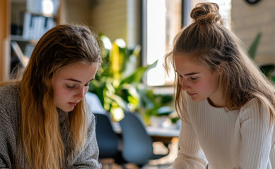 Two business workers in modern office culture, highlights efficiency and cooperative work in a professional environment, ideal for marketing business services or tech solutions.