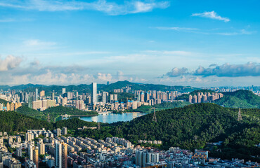 Panoramic view of city skyline and modern buildings in Shenzhen. Famous travel destinations in...