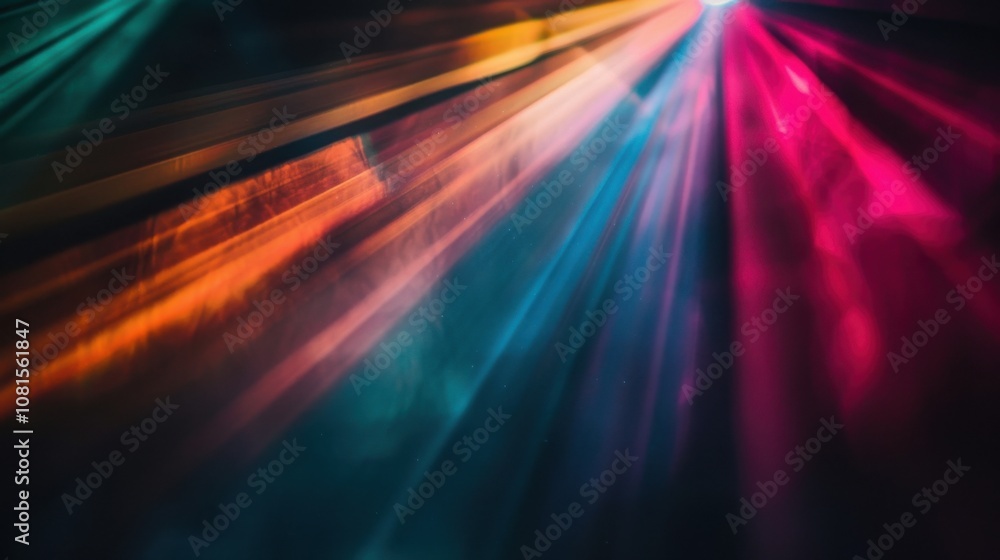 Poster Colorful rays of light breaking through a dark backdrop, metaphorically representing the illumination of different voices and the enlightenment brought by inclusive practices, minimalist style