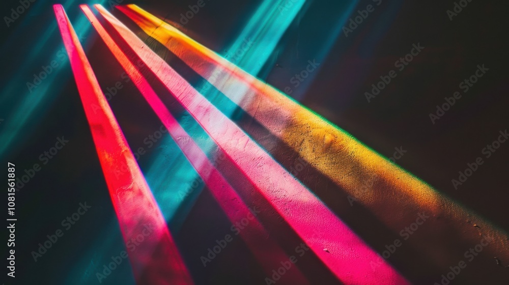 Poster Colorful rays of light breaking through a dark backdrop, metaphorically representing the illumination of different voices and the enlightenment brought by inclusive practices, minimalist style