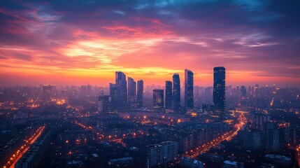 Cityscape with skyscrapers illuminated at sunset.