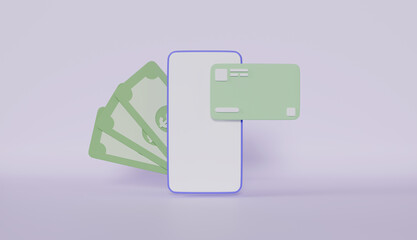 Smartphone with credit card online payment, transfer money to bank via mobile phone app concept