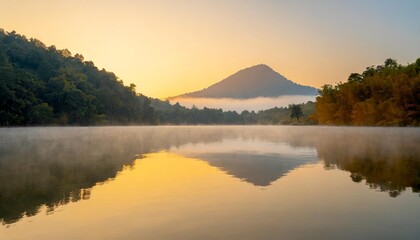 Peaceful Lake at Sunrise, With Mist Rising From the Water and a Lone Mountain Reflecting on the Calm Surface, Surrounded by Autumn Forests in Soft Morning Light