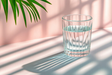 Glass of water and pills. A clear glass of water sits on a light surface, casting shadows from a nearby plant against a pink wall.