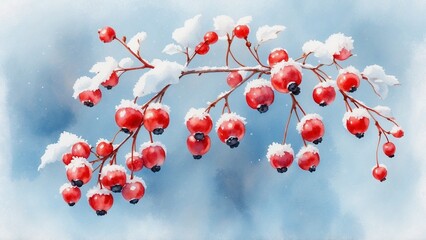 Watercolor illustration of snow-covered berries on a branch against a blue background