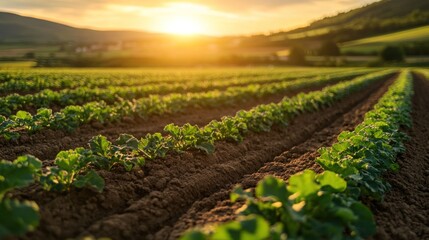 A field of young green plants growing in rows in rich brown soil at sunset.