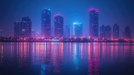 A panoramic view of a cityscape at night with skyscrapers reflecting in the water.