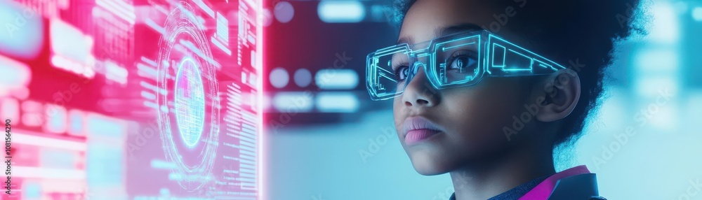 Poster Electronics engineer analyzing a hologram report, immersive neon lighting, tech lab background, detailed futuristic charts