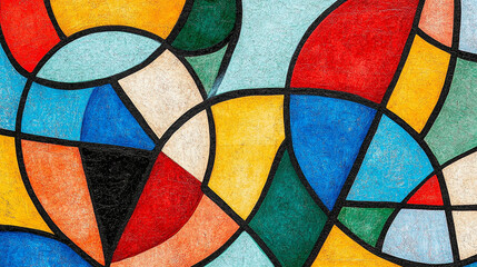Fototapeta premium Abstract geometric pattern with vibrant colors and black outlines on a textured background.