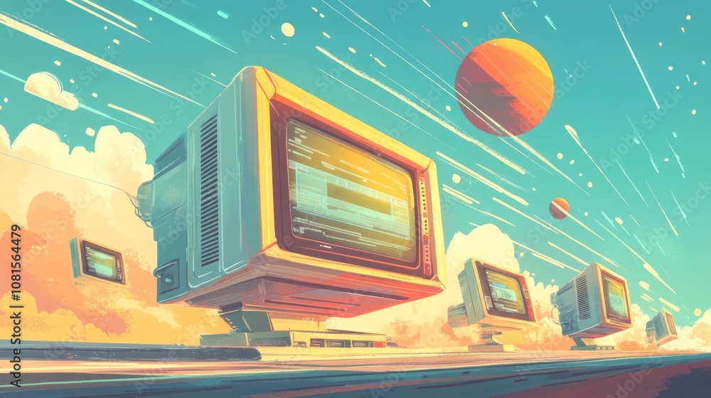 Poster a row of vintage computers in a digital landscape with a planet in the background.