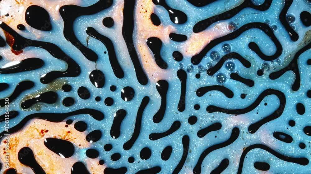 Poster colorful liquids mix in intricate patterns creating mesmerizing abstract shapes in extreme close-up