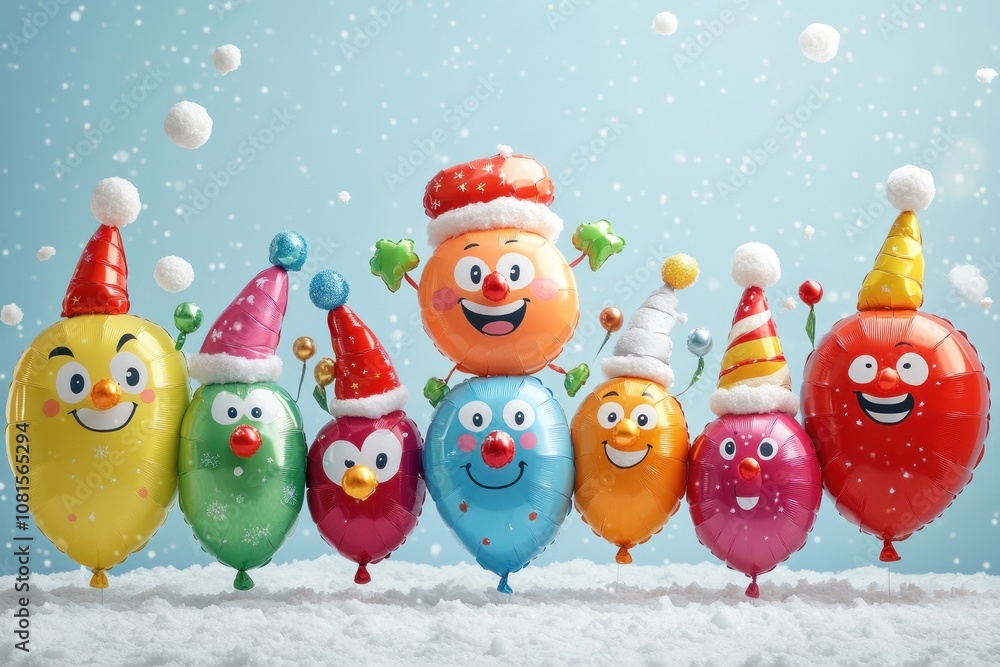 Poster a row of colorful balloons with happy faces and party hats stand on a snowy surface with falling sno