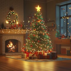 Christmas Tree with Gifts in Cozy Living Room with a burning fire place