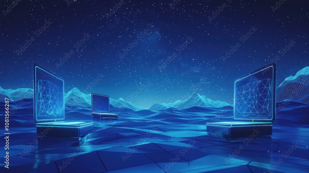Poster three glowing laptops with geometric patterns on their screens, standing on reflective platforms in 