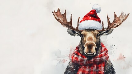 Cute moose wearing a Santa hat and a red checked scarf, watercolor painting, standing against a simple white backdrop, intricate fur details, festive and cozy vibe, soft brush strokes,