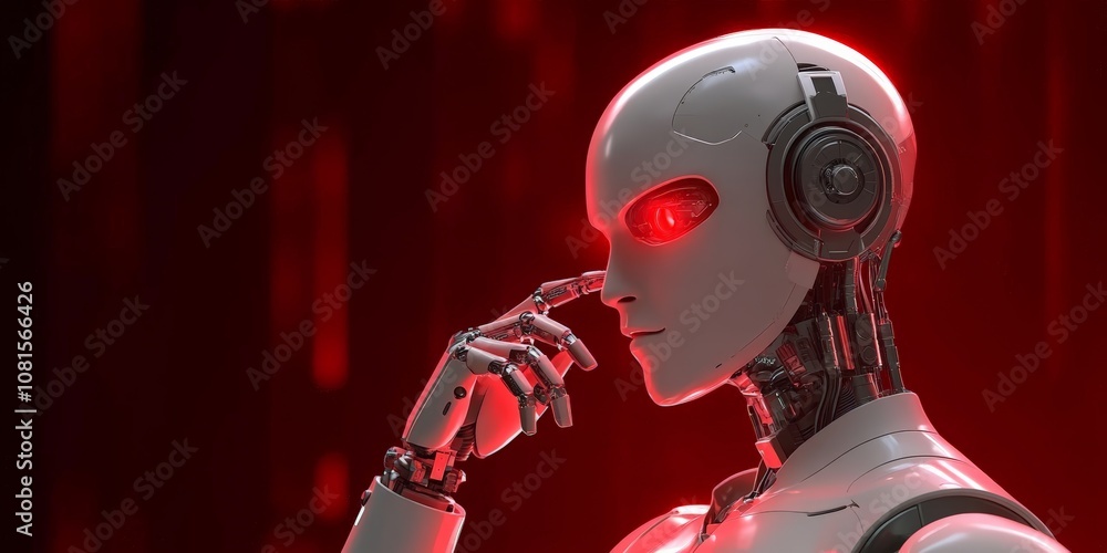 Poster futuristic robot with red eyes in dark setting reflecting ai advancements and risks 3d rendering