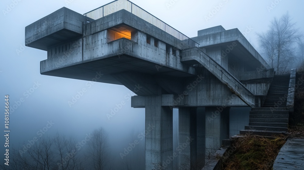 Poster captivating brutalist architecture in fog: a raw and emotional representation of modern design showc