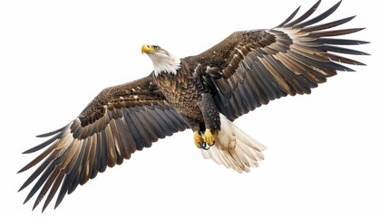 Fototapeta premium Breathtaking image of a powerful eagle soaring gracefully against a pure white backdrop