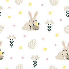 Seamless vector pattern for Easter. Seamless pattern of colorful silhouettes of rabbits, eggs and wild flowers.	