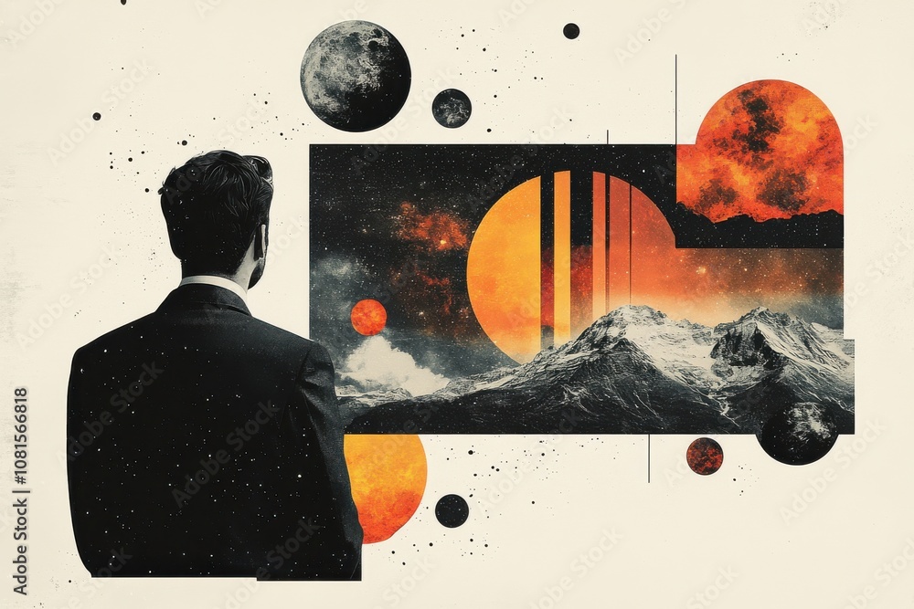 Wall mural a man is looking at a large screen with a mountain range in the background