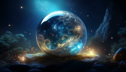 Moon in space, Magic ball and moon ,magic crystal ball on a dark background, planet in space