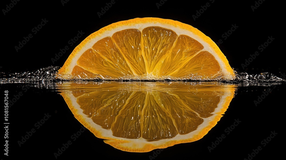 Poster slice of orange with reflection on black background and splashing water