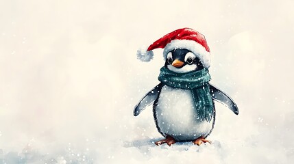 Cute watercolor penguin in a red Santa hat and a cozy green scarf, standing on a snowy landscape, minimal white canvas, delicate brushwork, intricate feather details, festive and lively vibe,