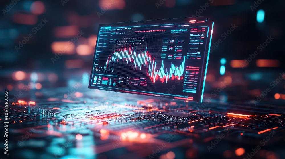 Aufkleber futuristic report screen floating above a circuit board, cyberpunk theme, vivid colors, detailed dat