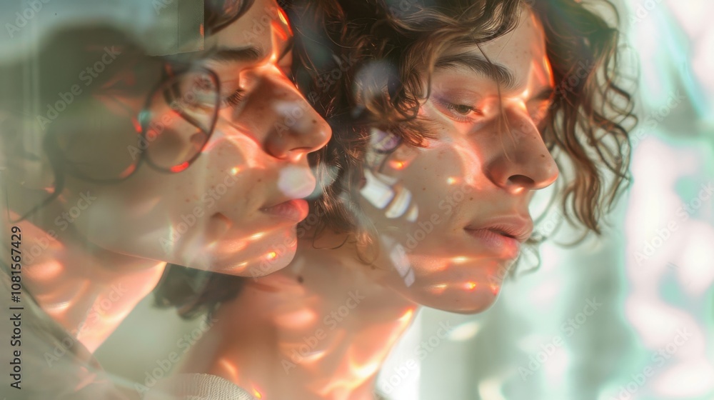 Poster gender fluidity depicted through a series of reflections in mirrors showing individuals embracing di