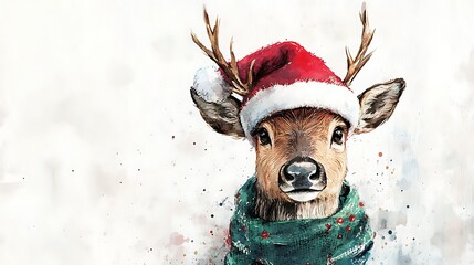 Cute watercolor reindeer in a red Santa hat with a fluffy white trim and a cozy green scarf, smiling happily against a white backdrop, delicate brushwork, intricate fur details, festive holiday vibe,