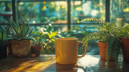 A simple cup of coffee sits on a wooden table in front of a window with a lush green view. It's the perfect start to a peaceful morning.