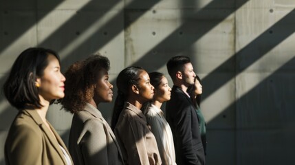 Obraz premium Gender inequality symbolized by a diverse group of women standing in the shadow of towering male figures in a corporate setting, Reflecting the struggle for equity in the workplace, photography style