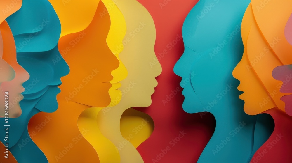 Poster Harmony in diversity, depicted through abstract shapes in complementary colors, symbolizing unity and collaboration