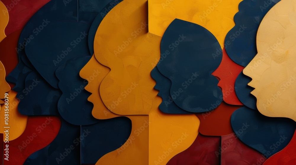 Poster Harmony in diversity, depicted through abstract shapes in complementary colors, symbolizing unity and collaboration