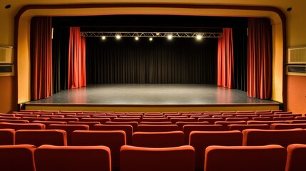 A theater stage with red curtains and seating, ready for a performance.