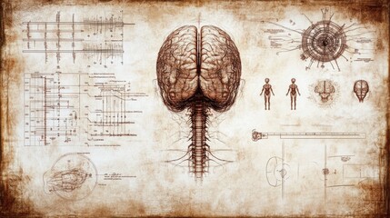 Human Brain Anatomy Nervous System Vintage Sketch Scientific Illustration Medical Diagram